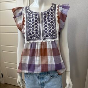 Entro Purple and Brown Plaid Blouse with Ruffle Sleeves